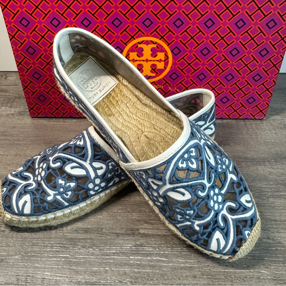 Tory Burch Blue and White Espadrilles